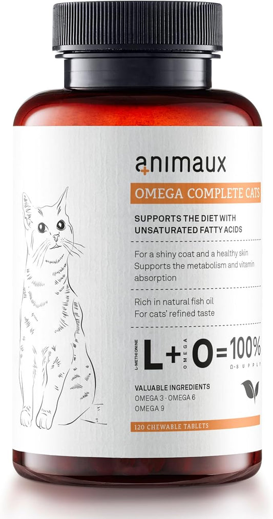 animaux - Omega Complete for Cats Fish Oil Tablets, Omega 3,6 & 9 Fatty acids to Support Metabolism, Bone Structure, Barf Supplement, Salmon Oil for Skin & Coat, 120 chewable Tablets, 120 Days Supply