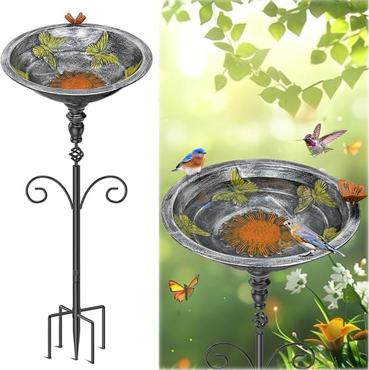 35.4" Tall Bird Bath for Outside, Vintage Metal Birdbaths Bowl with 5 Prong Bases for Outdoors, Freestanding Birdfeeder with Hummingbird Carving for Garden Yard Lawn Decor (Vintage Silver)