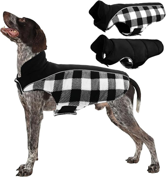 Kuoser Dog Winter Coat, Reversible Waterproof Dog Jacket with Reflective Strip, Warm Dogs Fleece Vest Adjustable Doggy Cold Weather Clothes Plaid Christmas Outfit Pet Apparel for Large Dogs, Black L