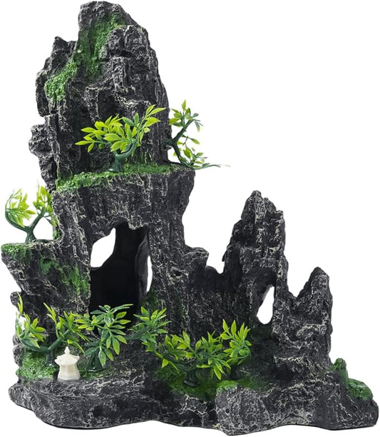 Large Fish Tank Decorations - Mountain View Aquarium Ornament with Tree House Cave Bridge,Resin, 10.24x9.45x5.12 inches, C
