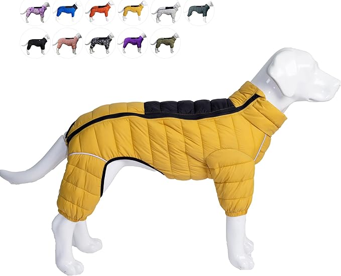Lovelonglong Dog Coat Dog Warm Jacket, 4 Legs Covered Waterproof Windproof Reflective Warm Dog Vest, Zippered Adjustable Outdoor Dog Snow Jacket for Small Medium Large Dogs Yellow S