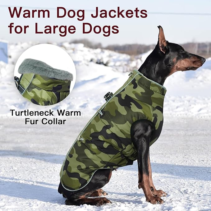 Dog Coat - Warm Zip Up Snowsuit for Large Dogs, Reflective, Water-Resistant, Camouflage