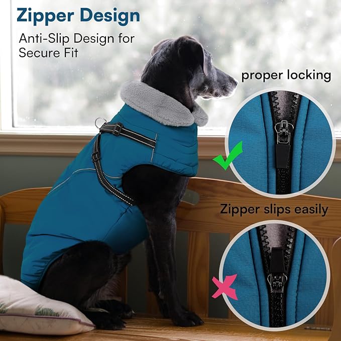 Queenmore Dog Coat with Harness Built in,Dog Winter Jackets for Large Dogs Boys Girls,Waterproof Dogs Snowsuits with Zipper On Back,Warm Fleece Lining Cold Weather Coats with Furry Collar,Blue,XL