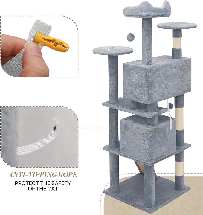 Athena Collection Modern Cat Tree Tower, 60 Inch Tall Cat Tree Climbing Tower with Scratching Post 2 Condo Multi-Level Activity Center and Playing Ball for Indoor Large Adult, Light Grey