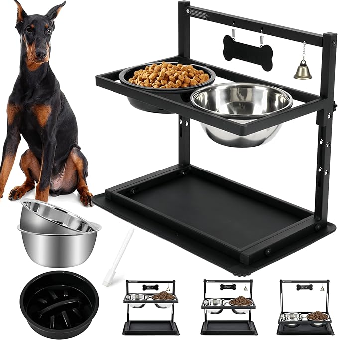 Elevated Dog Bowls with Slow Feeder for Large Dogs – Adjustable Raised Stand with 2 Stainless Steel Bowls & Spill-Proof Mat, Non-Slip Dog Feeder for Large & Medium Dogs (Black)