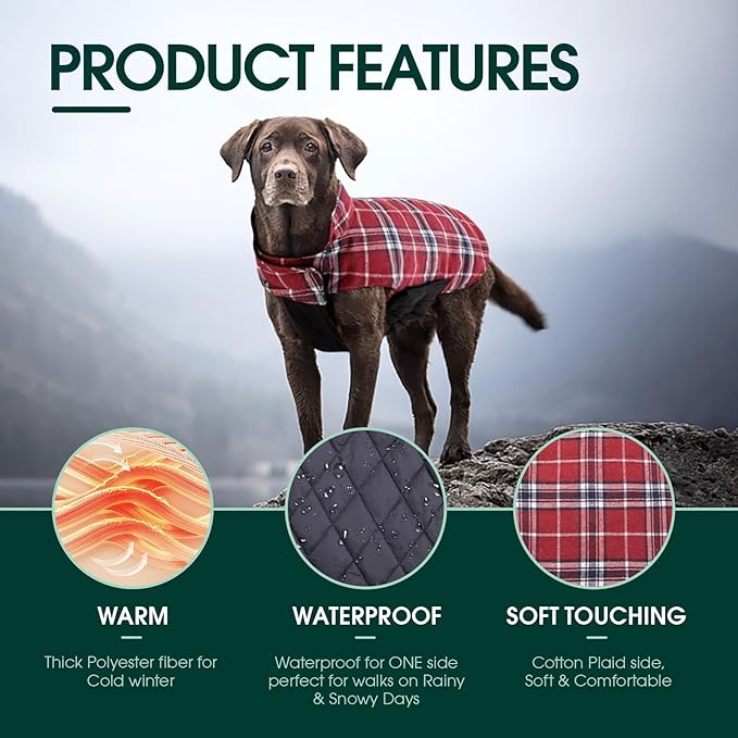 Kuoser Warm Dog Coat, Waterproof Dog Jacket for Extra Large Dogs, Adjustable Durable XL Doggie Winter Coat Reversible Cozy Puppy Cold Weather Apparel from Small to Large Breed, Red XL