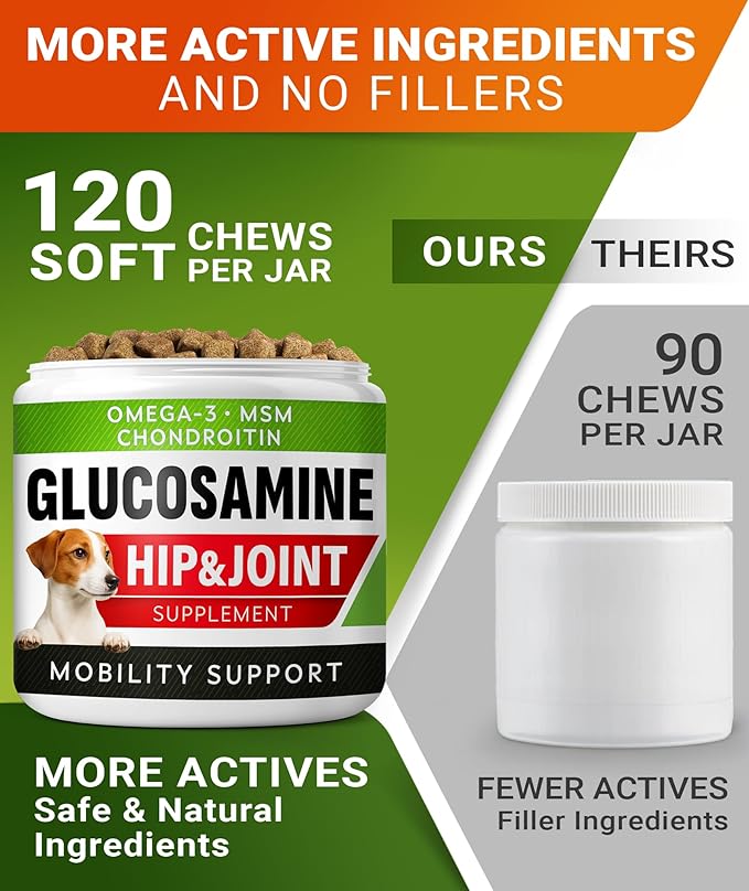 Glucosamine Treats for Dogs - Joint Supplement w/Omega-3 Fish Oil - Chondroitin, MSM - Advanced Mobility Chews - Joint Pain Relief - Hip & Joint Care - Chicken Flavor - 120 Ct - Made in USA