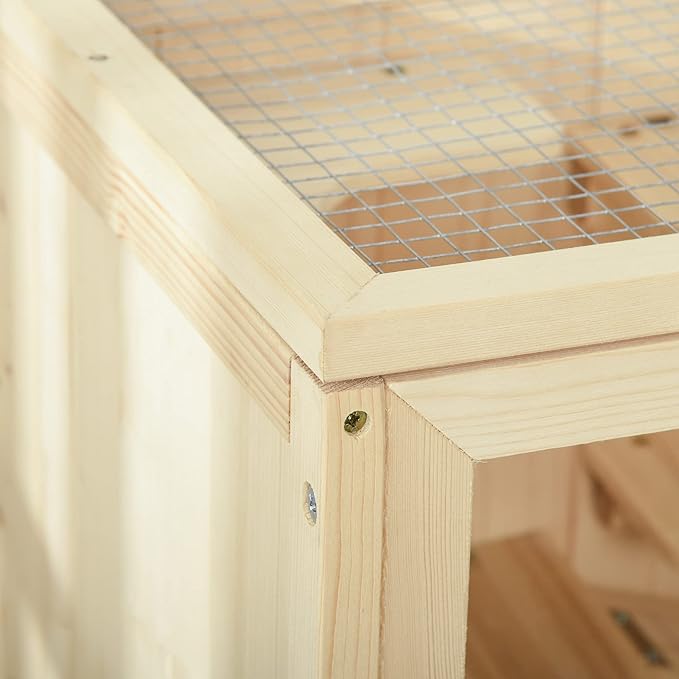 PawHut 3-Tier Wooden Hamster Cage Mice and Rat Cage Small Animals Hutch with Openable Top, Front Door, Storage Shelf, Natural Wood