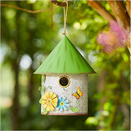 Glitzhome Bird Houses for Outdoors, Blue Bird House for Outside, 11" H Stylish Distressed Metal Cottage Decorative Birdhouse with a Cluster of 3D Flowers and Butterfly for Garden Patio Backyard