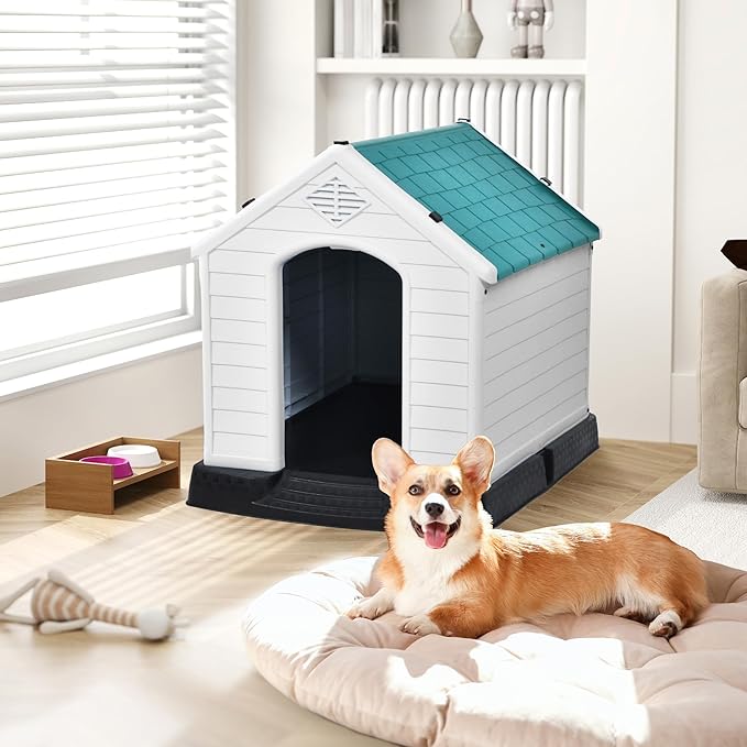 DWVO Robust Weatherproof Dog House, Indoor & Outdoor Safe Haven for Small to Medium Dogs, Easy Assembly & Cleaning (28.5''L*26''W*28''H, Blue)