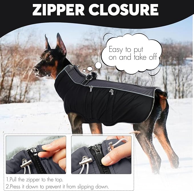 IDOMIK Warm Dog Coat with Harness Built-in, Thick Fleece Dog Winter Jacket with High Collar&Zipper, Waterproof Reflective Dogs Cold Weather Coats for Large Dogs, Pet Snow Jacket Vest(Black,XL)