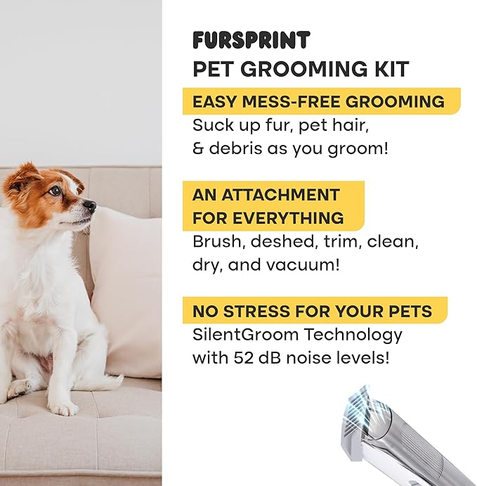Pet Grooming Vacuum Kit - Super-Quiet Dog Hair Vacuum Groomer with Brush, Detangle, Deshed, Trim, Clean, & Dry Attachments - All You Need Pet Grooming Kit at Home