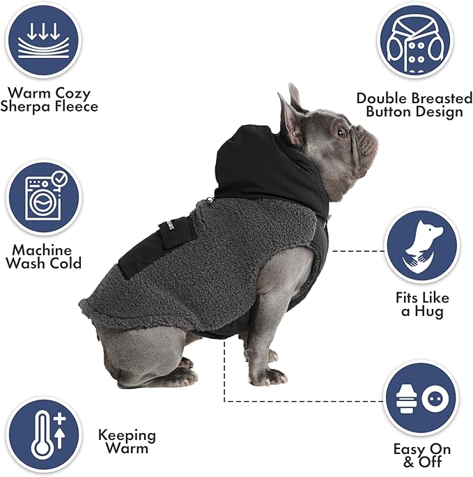 Spark Paws Reversible Dog Sweater, Sherpa Jacket Vest with Warm Fleece Lining, Warm Coat for Winter, Suitable for Small Medium, Large, XL XXL Dogs - Black and Grey - S