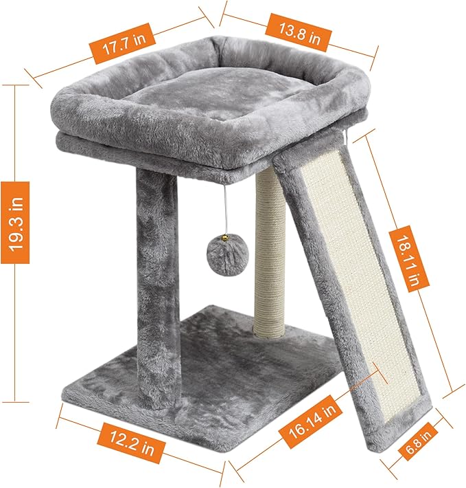 SYANDLVY Small Cat Tree with Scratching Post, Cat Scratching Board for Adults, Cat Post Scratcher for Indoor Cats, 2 Dangling Balls Great for Kittens (Light Grey)