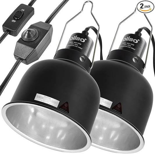 Oiibo 5.5 Inch Reptile Light Fixture with Dimming/Separate Switches, 2 Packs Deep Dome Lamp Cap Reflector Cover, UVB Light Heat Lamp Fixture for Reptile Glass Terrariums, Max 100W Black