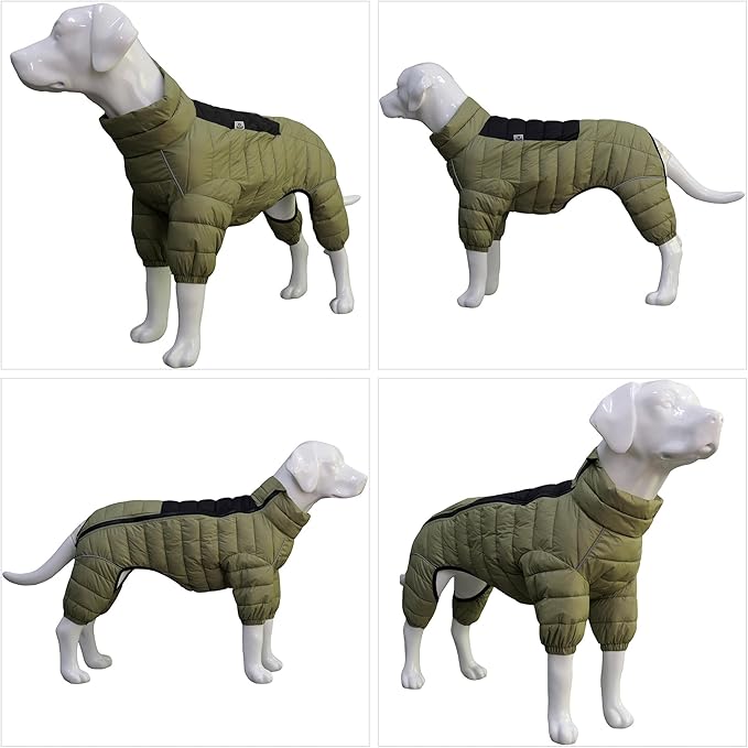 lovelonglong Dog Coat Dog Warm Jacket, 4 Legs Covered Waterproof Windproof Reflective Warm Dog Vest, Zippered Adjustable Outdoor Dog Snow Jacket for Small Medium Large Dogs Olive Green S