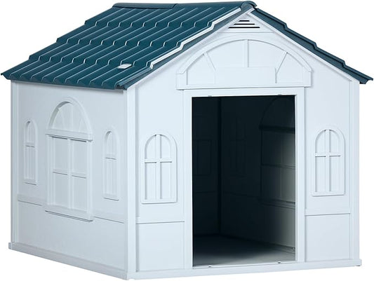 PawHut Plastic Dog House, Water Resistant Puppy Shelter Indoor Outdoor with Door, Easy to Assemble, for Medium and Small Dogs, Blue