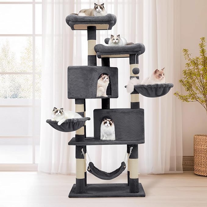 Athena Collection Cat Tree Tower, 58 Inch Tall Modern Cat Tree Claimbing Tower with Scratching Post 2 Condo 3 Hammocks Multi-Level Platform and Playing Ball for Indoor Large Adult, Dark Grey