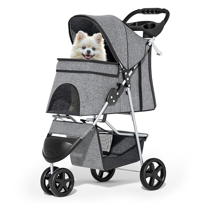 MoNiBloom 3 Wheels Pet Dog Cat Stroller for Small Medium Dogs and Cats, Lightweight Foldable Jogger Stroller w/Storage Basket and Cup Holder, Gray