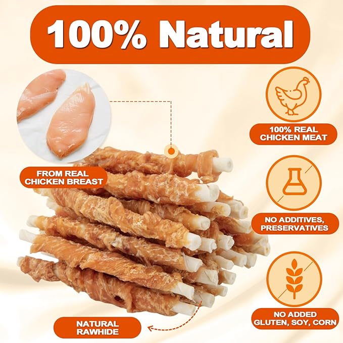 Amzey 24OZ Chicken Wrapped Rawhides Dogs Treats, Rawhide Twist Chicken Hide Sticks, Puppy Training Snacks Sticks Dog Chews, All Natural 4 Resealable Bags, Total 1.5lb