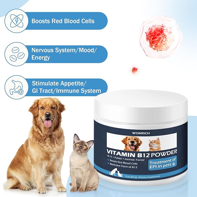 Appetite Stimulant Vitamin B12 Powder for Cats&Dogs Methylcobalamin Supplement with Folate and Intrinsic Factor, Treatment of EPI in Pets, Supports Energy, Red Blood Cell Formation, Nervous System 60g