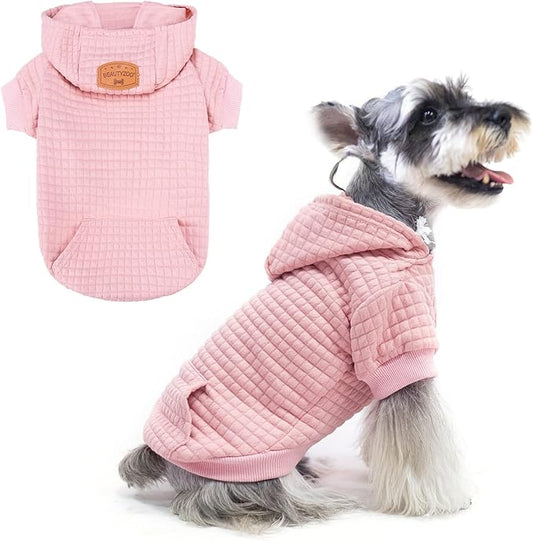BEAUTYZOO Small Dog Hoodie Sweater with Pockets, Dog Clothes for Small Medium Dogs Boy Girl, Waffle-like Laminated Cotton Pet Coats with Hat and Leash Hole, All Weather Coat for Puppy Doggie Chihuahua