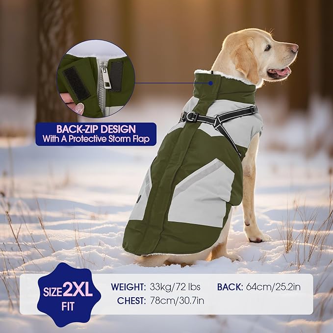 FUAMEY Dog Winter Jackets for Large Dogs,Dog Coat with Harness Built in,Waterproof Dogs Snowsuits Warm Pet Jacket Zip Up Fleece Cold Weather Coats Reflective Puppy Vest with Pocket Green XL