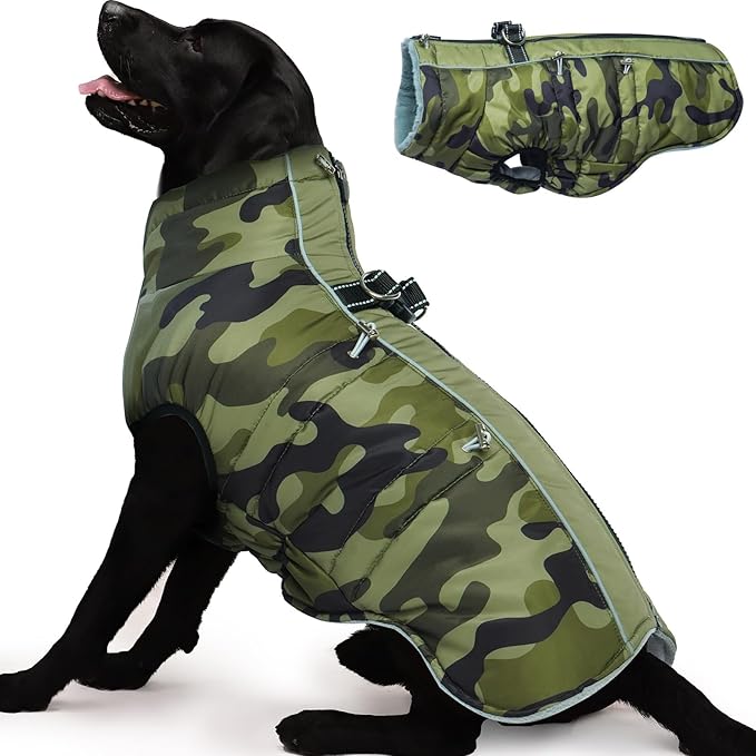Dog Winter Jacket - XX Large, Warm Zip Up Snowsuit Dog Harness Vest, Reflective, Water-Resistant, Camouflage