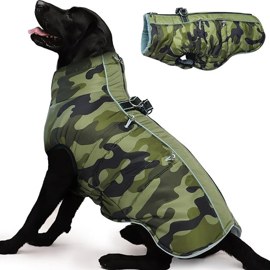 Dog Winter Jacket - XX Large, Warm Zip Up Snowsuit Dog Harness Vest, Reflective, Water-Resistant, Camouflage