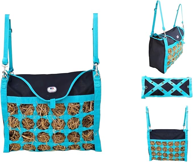 Majestic Ally Animal Health Hay Bag for Horses, 2.5" Holes, Top Load, Travel Feeder, Reduces Waste, 1 Year Warranty, Multiple Colors (Turquoise-Black)