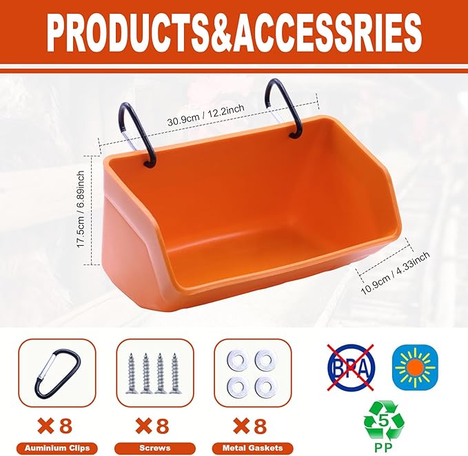 Fence Hanging Chicken Feeder - 4 Pack Feed Trough with Clips for Goat Duck Sheeple Horse Goose, Pig Poultry, Chicken Feeder Bucket Feeding Container for Livestock (Orange)
