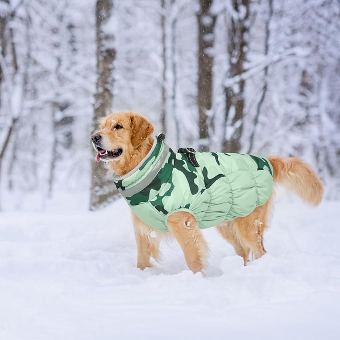 Lelepet Dog Coat Warm Dog Winter Coat Waterproof Dogs Jacket with Harness Built in Reflective Pet Fleece Vest Zip-Up Cold Weather Coats for Large Dogs Turtleneck Windproof Coats Boxer Mint Green Camo