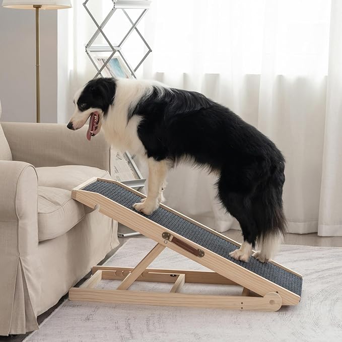 Dog Ramp for Bed Couch - Pet Steps Stairs to Get on Bed Couch 11.8"-19.6" High for Small or Large Dog Up to 200 lbs, Adjustable Wooden Dog Ramp Steps Foldable Portable, Anti-Slip Carpet (Natural)