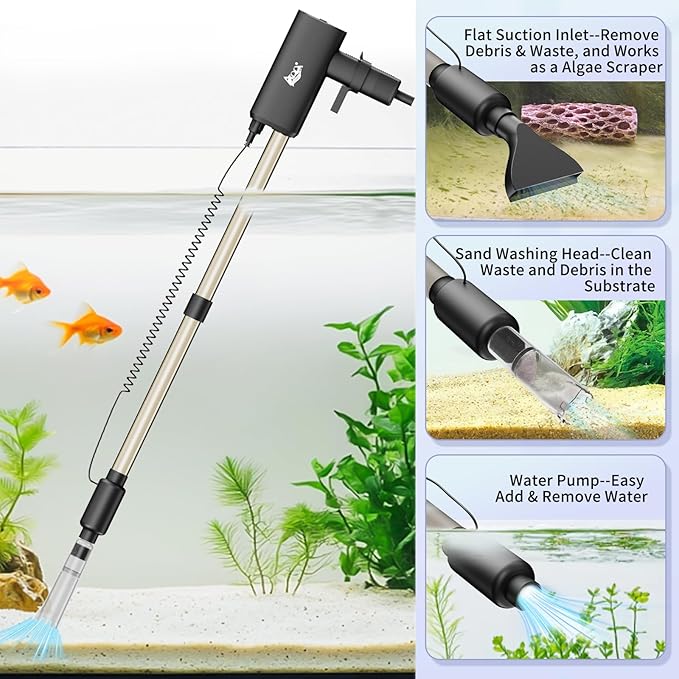 AQQA Aquarium Vacuum Gravel Cleaner 20W Electric Rechargeable Fish Tank Cleaner Tools for Automatic Water Changing, Debris Clean& Sand Washing, Strong Suction with 4-Speed Adjustable (20W, 480GPH)