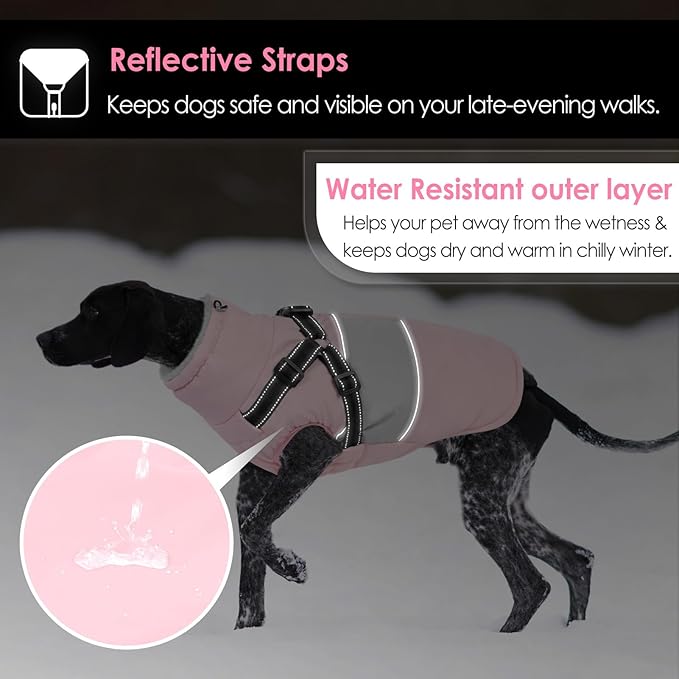 AOFITEE Dog Coat Warm Dog Winter Coat, Waterproof Dogs Jacket with Harness, Dogs Snow Jacket Snowsuit with Zipper & Furry Collar, Reflective Windproof Pet Sweater for Cold Weather, French Bulldog, L