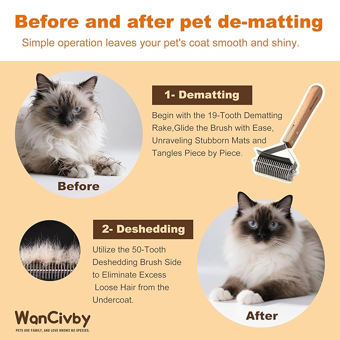 3-in-1Dematting & Deshedding Comb Undercoat Rake for Cats& Dogs，Detangling Matted Fur & Hair Remover Tool Pet Grooming Rake for Shedding and Dematting，Ergonomic beech wood handle (Square Handle)