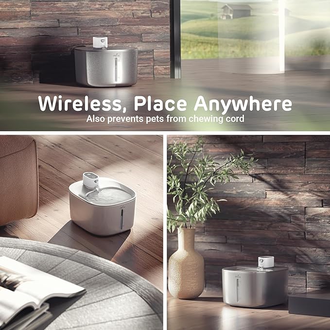 Runway Wireless Pump Cat Water Fountain with 4 Filters - Waterproof Self-Contained Battery, Stainless Steel, 1.1 Gal/135oz, Motion Sensor, 5-Stage Filtration for Pets, Upgraded Cordless