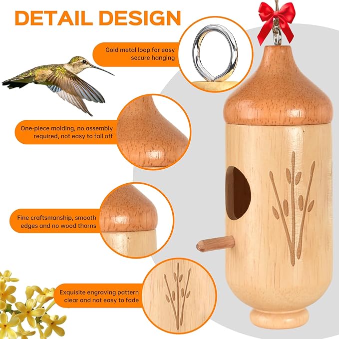 Hummingbird House, Solid Wood Hummingbird Houses for Outside-Exquisitely Handcrafted Birdhouse with Ribbon and String Hanging Kit, Durable Garden Decor, Perfect Gardening Gift(Style-F, 1 Pack)