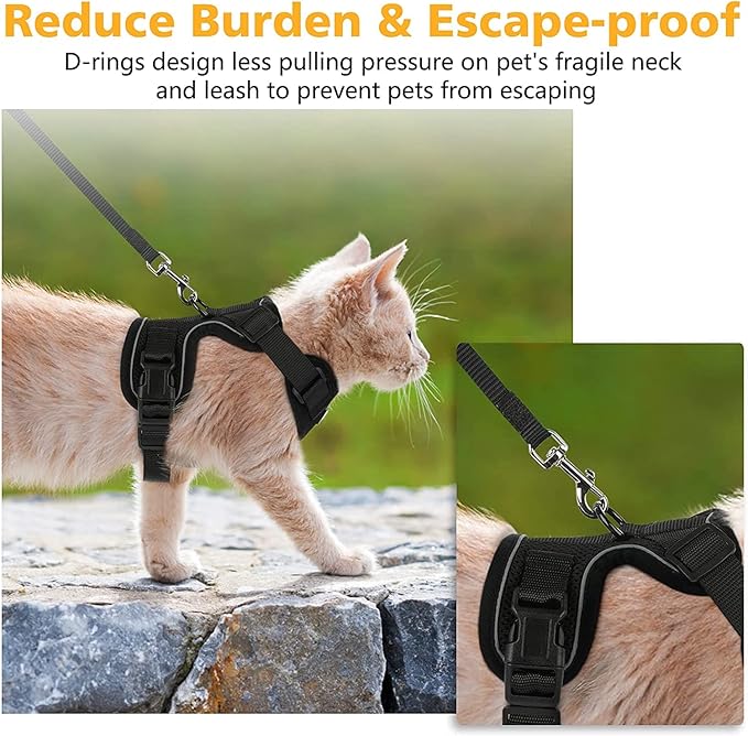 Dooradar Cat Harness and Leash Set, Escape Proof Safe Adjustable Kitten Vest Harnesses for Walking, Easy Control Soft Breathable Mesh Jacket with Reflective Strips for Cats, Black, S