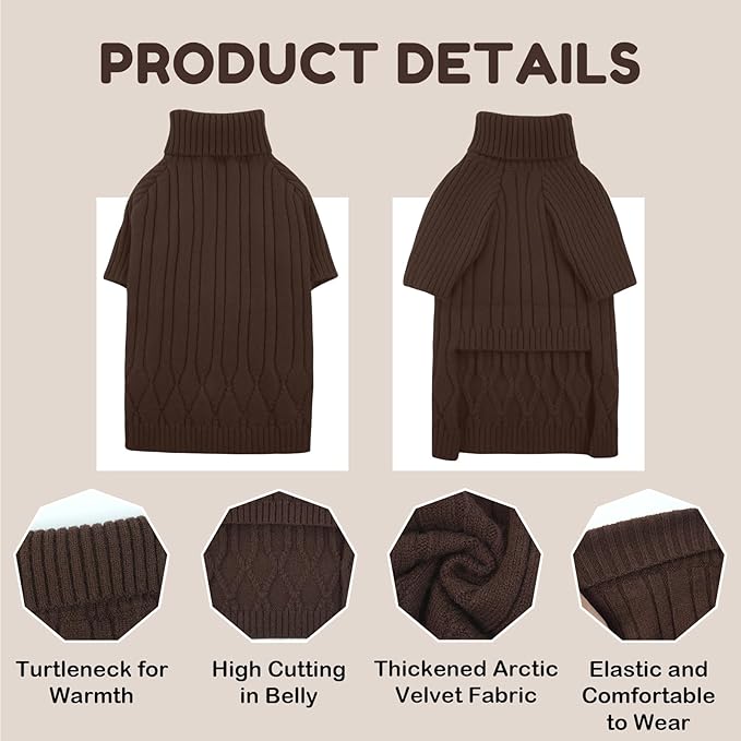 Large Dog Sweater - Turtleneck Thick Warm Doggie Christmas Sweater for Girl Boy Dogs (Brown L)