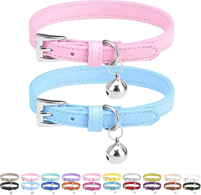 PUPTECK 2 PCS Soft Genuine Leather Cat Kitten Collar with Bells Adjustable for Girl Boy Cats Puppy - Pink, Blue