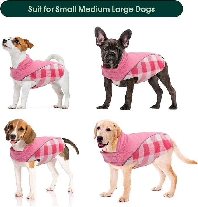 Kuoser Dog Winter Coat, Reversible Waterproof Dog Jacket with Reflective Strip, Warm Dogs Fleece Vest Adjustable Doggy Cold Weather Clothes Plaid Christmas Outfit Pet Apparel for Small Dogs, Pink S