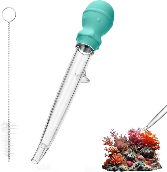 U-Taste Aquarium Pipette Cleaner: 1.5oz Coral Feeder for Fish Tank Cleaning, Manual Feeding Tube, Food Grade Siphon Dropper, Waste Remover with Strong Suction & Stand & Brush (11.98in, Aqua Sky)