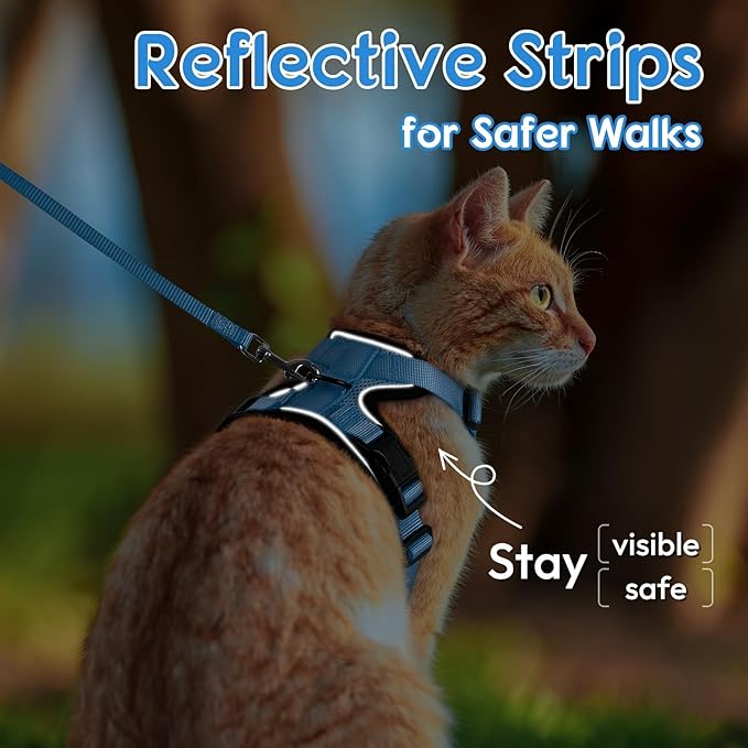 Dooradar Cat Harness and Leash Set, Escape Proof Safe Adjustable Kitten Vest Harnesses for Walking, Easy Control Soft Breathable Mesh Jacket with Reflective Strips for Cats, Light Blue, S