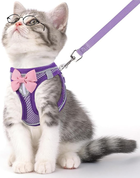 Cat Harness and Leash Set for Walking Escape Proof, Adjustable Kitten Harness Breathable Mesh with Reflective Strips Harness for Kitty Puppy Bunny Purple,Large