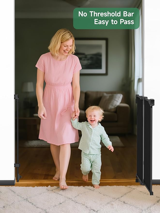 29.5-43" No Bottom Bar Baby Gate for Stairs, Auto Close Baby Gates for Doorways, Hardware Mounted, Dog/Pet Gate Indoor with Extra-Wide Walk Thru Door, Child-Proof Safety Gate for Kids (Black)