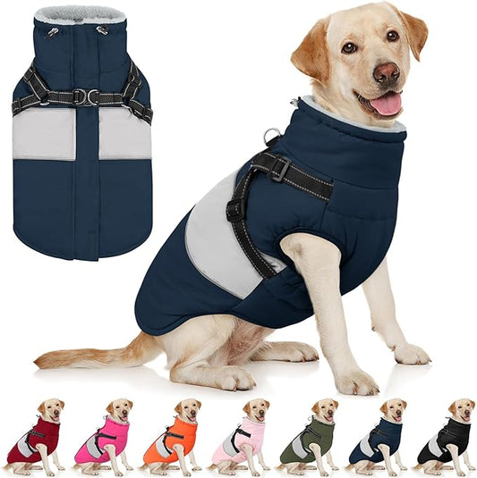 AOFITEE Dog Coat Warm Dog Winter Coat, Waterproof Dogs Jacket with Harness, Dogs Snow Jacket Snowsuit with Zipper & Furry Collar, Reflective Windproof Pet Sweater for Cold Weather, French Bulldog, L