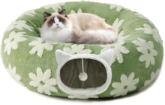 Cat Tunnel Bed for Indoor Cats, Soft Plush Donut Peekaboo Cat Cave, Multifunctional Playground Toy for Small Medium Large Cats, Kittens, Rabbits, Ferrets, with Washable Cushion(Green)