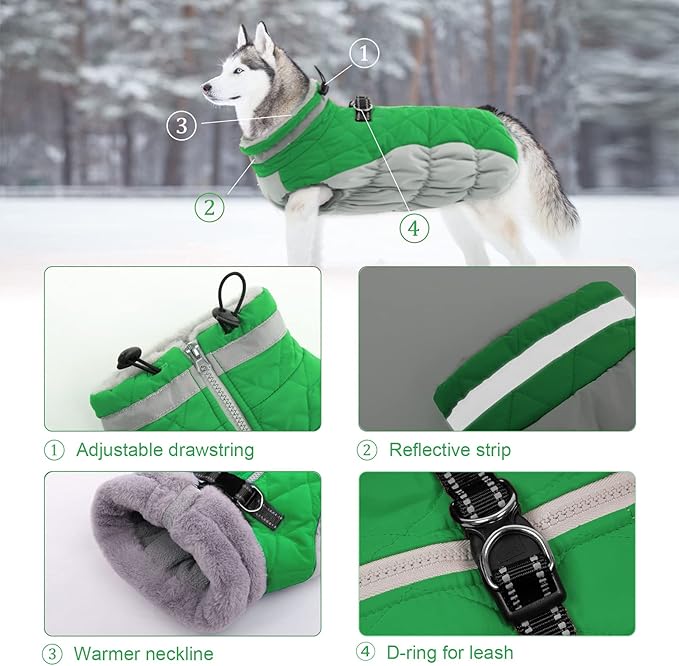 Lelepet Dog Winter Coat - Waterproof, Windproof, Reflective, Padded, Fleece, Turtleneck, Zippered Snow Jacket with Harness, Medium Size, Boston Terrier