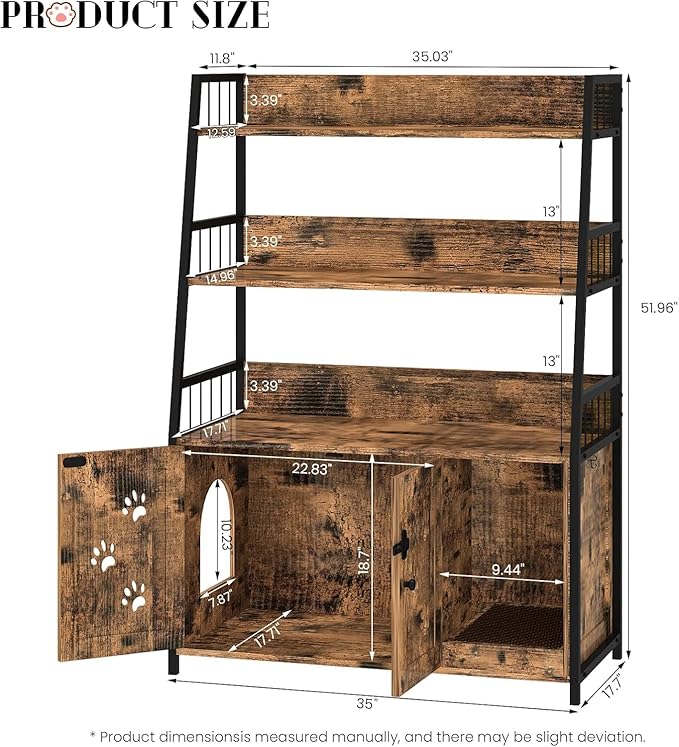 Recaceik Large Cat Litter Box Enclosure with Shelf Storage, Hidden Cat Washroom Furniture, Wooden Cat House with Scratch Pad, Sturdy Indoor Cat Cabinet with 2 Doors, Rustic Brown